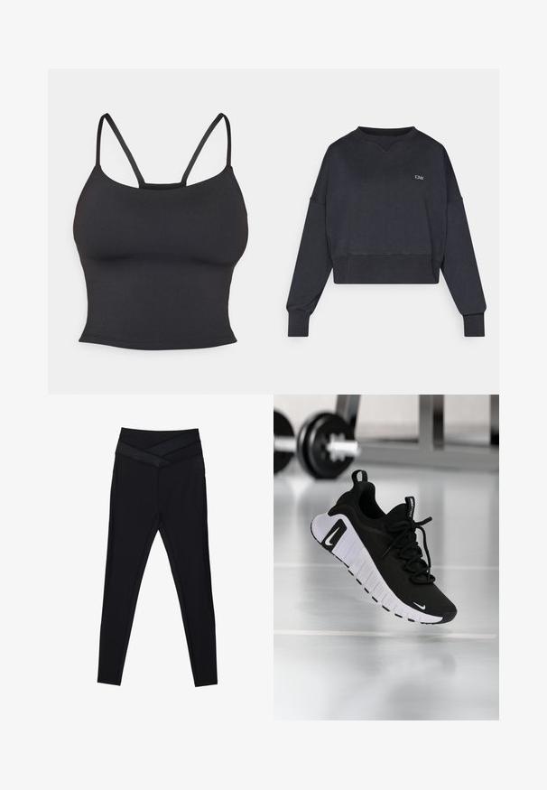 Sort cropped sweatshirt med lange ærmer. Har ribbede manchetter og kant, en rund halsudskæring og et lille logo på brystet. Blød tekstur.; Sort tætsiddende camisole lavet af glat stof, med tynde stropper og rund halsudskæring, uden yderligere mønstre eller accenter.; Sorte leggings med høj talje og bred, krydset taljebånd samt tætsiddende pasform langs benene på en hvid baggrund.; Sort atletiksko med en tekstureret stofoverdel, hvid sål og fremtrædende snøresystem. Indeholder en Nike-logo og et blødt, polstret design.