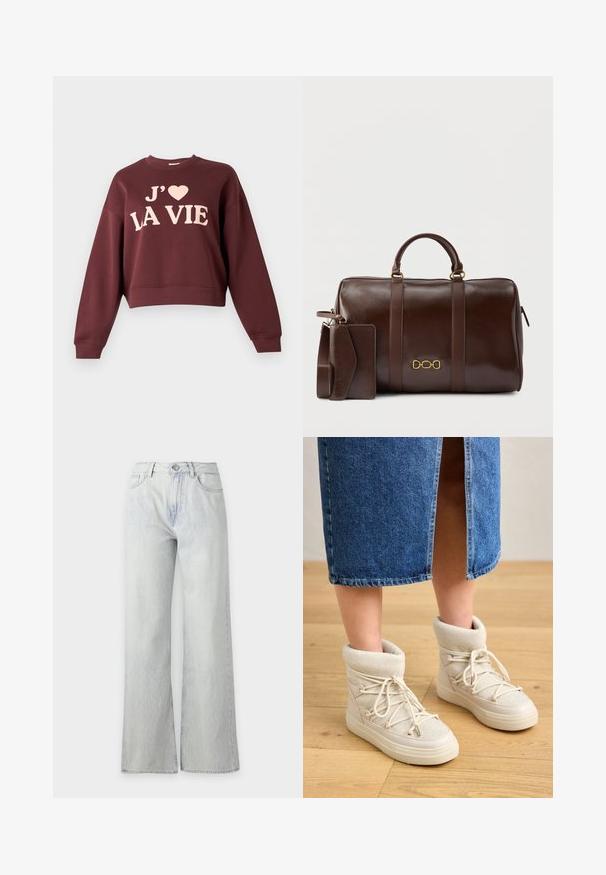 Vinrød cropped sweatshirt med oversized pasform, med lyserød trykt tekst "J'adore LA VIE" på forsiden. Ribstrikkede manchetter og kant.; Lyseblå vidde jeans med lommer foran, bæltestropper, knaplukning og synlige syninger på en ensfarvet baggrund.; Beige ankelstøvler med en blød, strikket kant og hvide snørebånd. Sålen er tyk og struktureret, parret med en blå denimnederdel.; Mørkebrun læder sportstaske med to håndtag, et guld kædeemblem samt en tilhørende matchende læder bagagemærkat og rem.
