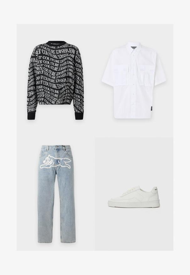 Zwarte langemouwtrui met ronde hals met witte vervormde herhalende tekst "Versace Jeans Couture" over de hele stof.; Witte korte mouwen shirt met knoopsluiting, twee voorzakken met klep en merklabel aan de zijkant. Glad materiaal en een ontspannen pasvorm.; Lichtblauwe denim jeans met een rechte snit, met een groot wit grafisch ontwerp van een kat op de achterkant. Klassiek vijfzakken ontwerp.; Witte leren sneaker met een gladde afwerking, ronde neus, platte veters en een gestructureerde zool. Kenmerkt zich door een subtiel logo op de hiel.