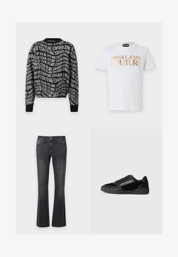 Schwarzer Langarm-Pullover mit Rundhalsausschnitt, auf dem der weiße, verz distorted wiederholte Text "Versace Jeans Couture" über den gesamten Stoff verteilt ist.; Weißes Baumwoll-T-Shirt mit fettem goldenen "VERSACE JEANS COUTURE" Schriftzug auf der Vorderseite. Rundhalsausschnitt und kurze Ärmel.; Schwarze Jeans aus Denim mit ausgestelltem Design, fünf Taschen und einem Metallknopfverschluss. Der Stoff hat eine glatte Textur mit dezentem Verblassen.; Schwarzer Sneaker mit glattem Lederfinish und Wildlederakzenten. Verfügt über ein Low-Top-Design, Schnürsenkel und goldene Logodetails an der Seite.