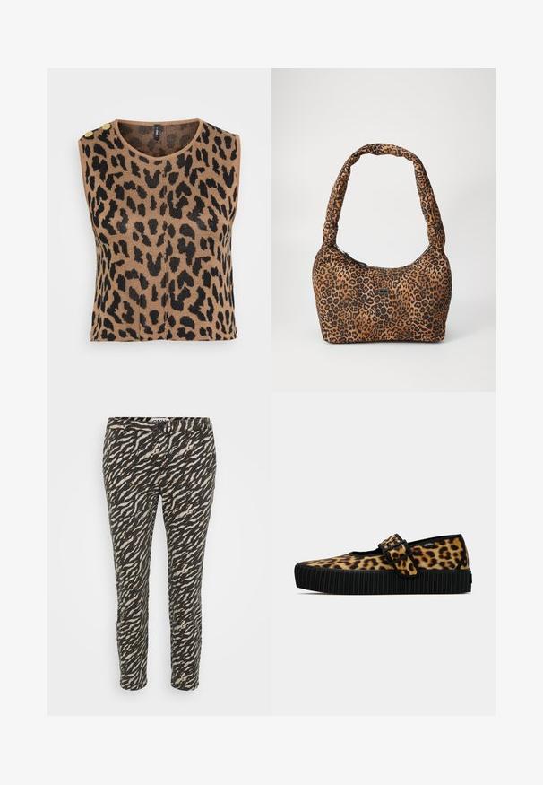 Débardeur en tricot sans manches avec un imprimé léopard marron et noir, encolure ronde, et deux accents de boutons dorés sur l'épaule.; Pantalons à motif noir et beige avec un design ondulé. Présentent une coupe ajustée et une fermeture par bouton à la taille. Fabriqués en tissu léger.; Ballerines à imprimé léopard avec une semelle noire côtelée et une sangle à boucle, dotées d'un design plat et d'une texture de tissu douce.; Sac à main en tissu imprimé léopard marron et noir, de forme arrondie, avec une texture douce et une bandoulière épaisse et rembourrée. Détail de fermeture éclair.