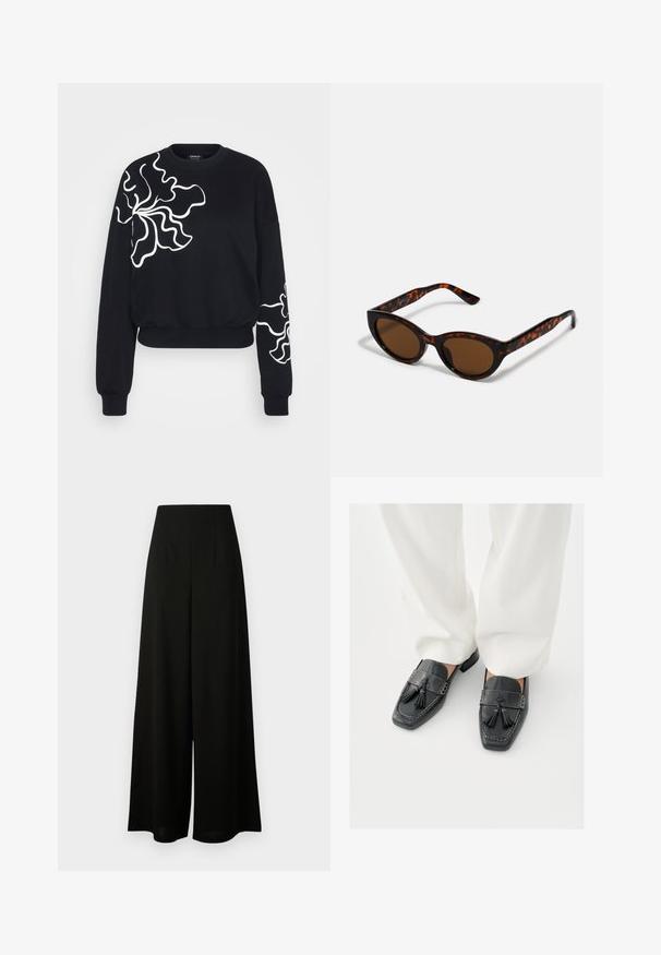 Čierna mikina so zvlnenými bielymi kvetinovými vzormi na ľavej hrudi a rukáve. Vyrobená z mäkkej tkaniny s rebrovanými manžetami.; Vero Moda Tall VMLIVA SUPER WIDE PANTS - Nohavice - black; Čierne kožené mokasíny s strapcami, so štvorcovými špičkami a ozdobným prešitím, v kombinácii s bielymi nohavicami s širokými nohavicami.; Hnedé slnečné okuliare v štýle tortoiseshell s vintage cat-eye tvarom a hnedými sklami. Majú zakrivené ramienka s červenými akcentmi.
