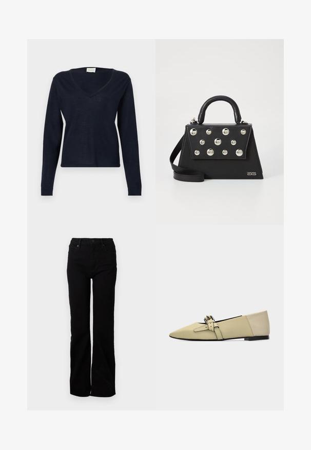 CLOSED V NECK LONG SLEEVE - Striktrøje - dark night; Sorte denim jeans med en straight leg-design, fem lommer, frontlukning med knap og subtil struktur. Ingen synlige mønstre eller accenter.; Beige flad sko med spids tå, dobbelt spænde og lav sort hæl, vist i profil på en ensfarvet hvid baggrund.; Sort håndtaske med en struktureret form, der har et håndtag på toppen, skulderrem og dekorative metalnitter på forsiden.