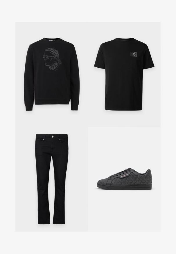 Zwarte sweatshirt met ronde hals en lange mouwen. Heeft een geometrisch zwart en grijs portretontwerp op de voorkant.; Zwarte korte mouwen crew neck t-shirt met een klein wit geborduurd patch op de linkerborst met de tekst "from Paris love, Karl xx."; Zwarte denim jeans met een slim fit, rechte pijpen, vijf-pocket stijl en metalen knoopsluiting, met minimale stikseldetails.; Zwarte sneakers met een textuur bovenwerk van stof met een subtiel MK-patroon, zwarte leren accenten en een zwarte rubberen zool.
