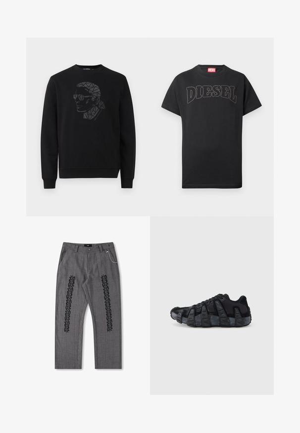 Sorte sweatshirt med rund halsudskæring og lange ærmer. Har et geometrisk portræt-design i sort og grå på forsiden.; Sort T-shirt med korte ærmer og buet, syet "DIESEL" tekst på brystet samt rød mærkat indvendigt ved halsudskæringen.; Grå rutet bukser med sort tekstdetalje langs siderne, prydet med en kædeaccent i taljen. Bukserne har lige ben og er lavet af struktureret stof.; Sort sneaker med overdreven ribbet sål, snørelukning og øvre del i blandet tekstil og ruskind, vist fra ydersiden mod en hvid baggrund.