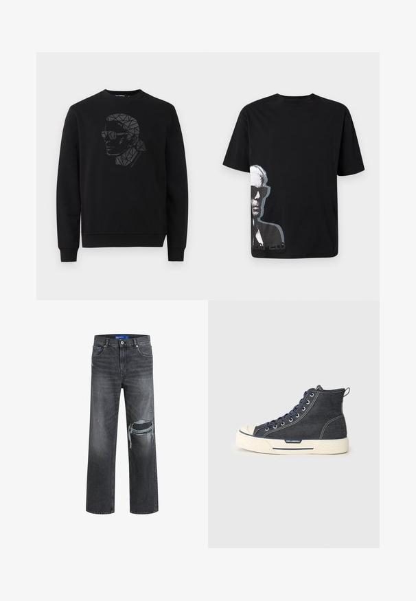 Zwarte sweatshirt met ronde hals en lange mouwen. Heeft een geometrisch zwart en grijs portretontwerp op de voorkant.; Zwart T-shirt met korte mouwen met een monochroom afbeelding van een man met een zonnebril op de linkeronderkant.; Zwarte denim jeans met een ontspannen pasvorm, voorzien van verstoorde details en een wijde pijp. De textuur is glad met subtiele vervaging.; Hoge sneakers van donker denim met een crème rubberen zool, voorzien van marineblauwe veters en een trekhaak aan de achterkant. Logo op de zijkant.