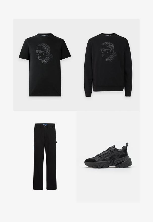 Zwarte sweatshirt met ronde hals en lange mouwen. Heeft een geometrisch zwart en grijs portretontwerp op de voorkant.; Zwarte katoenen T-shirt met een geometrisch, reflecterend zwart ontwerp van een gezicht met een zonnebril op de voorkant. Voorzien van een ronde halslijn.; Zwarte cargo broek met een rechte snit, voorzien van twee voorzakken, een achterzak en blauwe accenten aan de zijkant en op de tailleband.; Zwarte sneakers met een mix van gladde en gestructureerde materialen, een stevige zool, vetersluiting en opvallende zijaccenten.