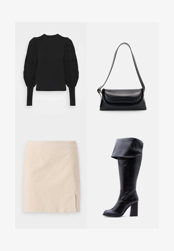 Pull noir avec des manches en dentelle bouffantes, des poignets côtelés et un col rond. Texture douce, corps ajusté, motif de dentelle complexe sur les manches.; Jupe mini en velours côtelé beige avec une texture à côtes verticales, dotée d'une fente sur le côté pour un détail supplémentaire. L'ourlet est droit et cousu de manière uniforme.; Botte haute en cuir noir avec talon, bord plié et bout arrondi, debout sur un fond blanc.; Sac à main en cuir noir avec une forme structurée, une texture lisse et une seule bandoulière. Présente un design de rabat arrondi et subtil.