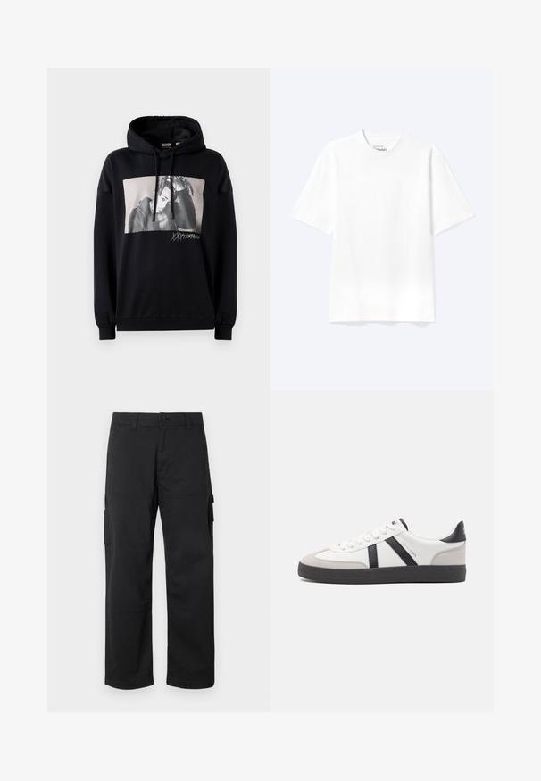 Schwarze Kapuzenjacke aus Baumwolle mit einem grafischen Druck auf der Vorderseite. Sie verfügt über eine Kordelzugkapuze, lange Ärmel sowie gerippte Bündchen und Säume.; Schlichtes weißes T-Shirt mit kurzen Ärmeln und Rundhalsausschnitt in entspannter Passform, auf hellem Hintergrund dargestellt.; Schwarze Cargo-Hosen mit geradem Bein, mehreren Seitentaschen und einem Knopfverschluss. Hergestellt aus strapazierfähigem, leichtem Stoff.; Weiße Sneaker mit schwarz- und grau-aczenten, ausgestattet mit einer strukturierten grauen Zehenkappe, schwarzer Gummi-Sohle und flachen weißen Schnürsenkeln. Sauberes Design, minimalistische Stil.