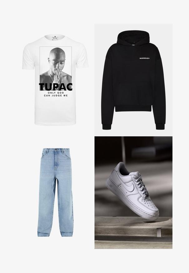 Hoodie noir avec une poche avant, des poignets et un ourlet côtelés, arborant un petit logo blanc "MJGONZALES" sur la poitrine gauche. Fabriqué en tissu doux.; T-shirt en coton blanc présentant un graphisme noir et blanc d'un homme joignant les mains en prière, avec le texte "TUPAC" et "SEUL DIEU PEUT ME JUGER."; Jeans en denim bleu clair avec une coupe ample, taille haute et cinq poches. Dotés de passants de ceinture et d'une fermeture à bouton. Texture douce.; La basket Nike Air Force 1 en cuir blanc présente un embout perforé, des lacets plats et une semelle en caoutchouc texturée avec le logo « AIR » sur le côté.