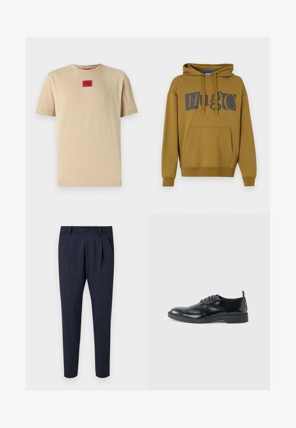 Sweatshirt à capuche vert olive avec un grand logo "HUGO" en gris foncé. Dispose d'une poche kangourou sur le devant et de poignets et d'un bas côtelés.; T-shirt en coton beige avec une coupe décontractée, présentant un petit patch logo "HUGO" rouge au centre et un col rond classique.; Pantalon marine en tissu lisse, doté de plis, d'une fermeture éclair et d'un bouton, avec des poches latérales et une coupe fuselée.; Chaussure habillée en cuir noir brillant avec un petit talon, fermeture à lacets et bout rond, vue de côté sur un fond uni et clair.