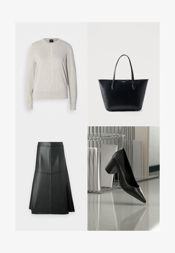 Lys grå sweater med rund halsudskæring, lange ærmer og en vertikal sømdetalje foran. Fremstillet af blødt, tekstureret stof.; Sort læder A-linje nederdel, glat tekstur, midt på læggen, med vandret syninger ved taljen og sømmene for ekstra struktur.; Sort læderpumps med spids tå og blokhæl, svævende over en reflekterende gulvflade nær en metalfilordner med dokumenter.; Sort lædertaske med to skulderstropper og guld "BOSS" logo centreret nær toppen.