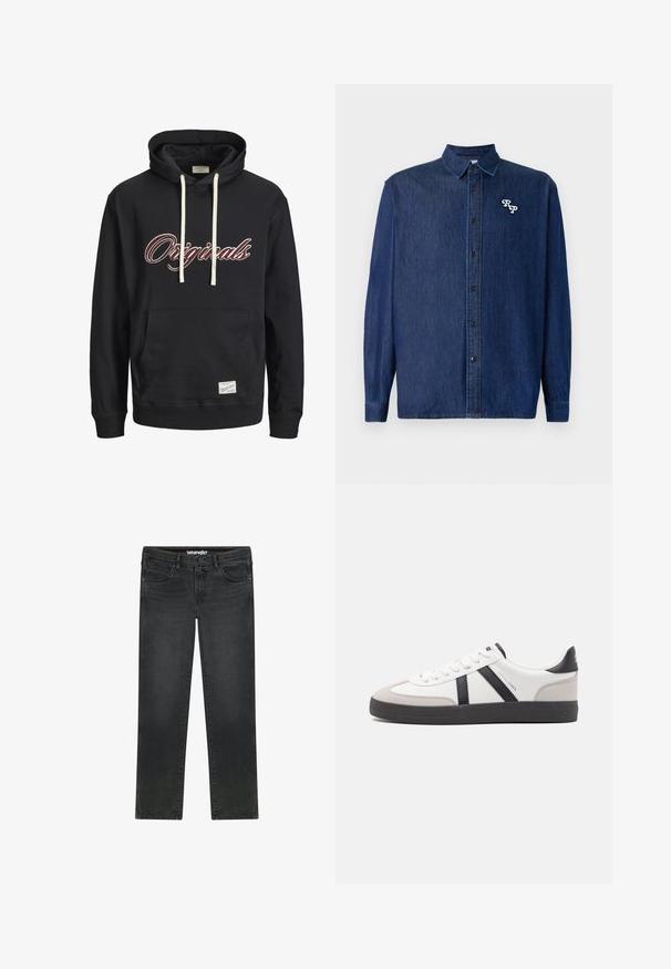 Sort hættetrøje med hvide snore, brun og hvid "Originals" tekst på brystet, forlommer og mærkpatch ved kanten.; Mørkeblå denimskjorte med knappelukning foran, lange ærmer og spids krave. Har en hvid broderet "RP"-logo.; Sorte Wrangler jeans med lige ben, forreste knap, lynlås, bæltestropper og design med fem lommer på hvid baggrund.; Hvide sneakers med sorte og grå detaljer, med en tekstureret grå tåhætte, sort gummisål og flade hvide snørebånd. Rent design, minimalistisk stil.
