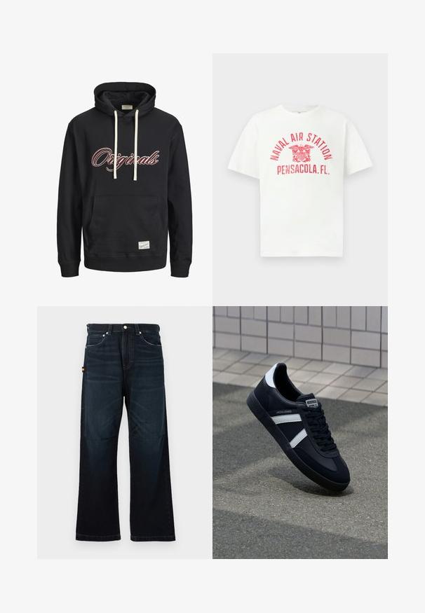 Zwarte hoodie met witte trekkoorden, bruine en witte "Originals" tekst op de borst, voorkantzak en labelpatch aan de zoom.; Witte T-shirt met korte mouwen en rode tekst "NAVAL AIR STATION PENSACOLA, FL." en een adelaar-embleem in het midden van de voorkant.; Donkerblauwe broek met rechte pijpen, klassieke vijf-pocket ontwerp, riemlussen en subtiele vervaging bij de voorkant en knieën.; Zwarte leren sneaker met witte strepen, een gestructureerde rubberen zool en vetersluiting aan de voorkant. Voorzien van een merklabel op de tong.