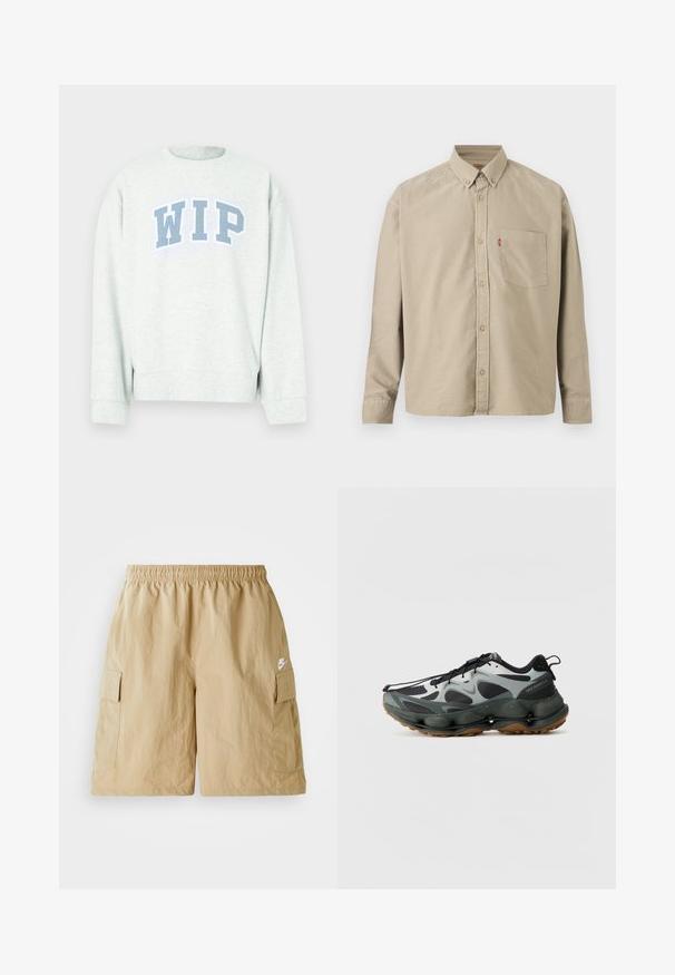 Lysegrå sweatshirt med rund hals og lange ærmer, med et blåt "WIP" trykt logo i en buet udformning hen over brystet.; Langærmet beige skjorte med knapper, knaplukket krave, brystlomme på venstre side og synlig rød mærkat på lommesømmen.; Beige cargo shorts med elastisk talje, forlommer og et lille hvidt Nike-logo. Letvægtsstof med en krøllet tekstur.; Sorte og grå atletiksko med mesh-overdel, skulptureret sål og gummisål. Har et sikkert snøresystem og en trækflap ved hælen.