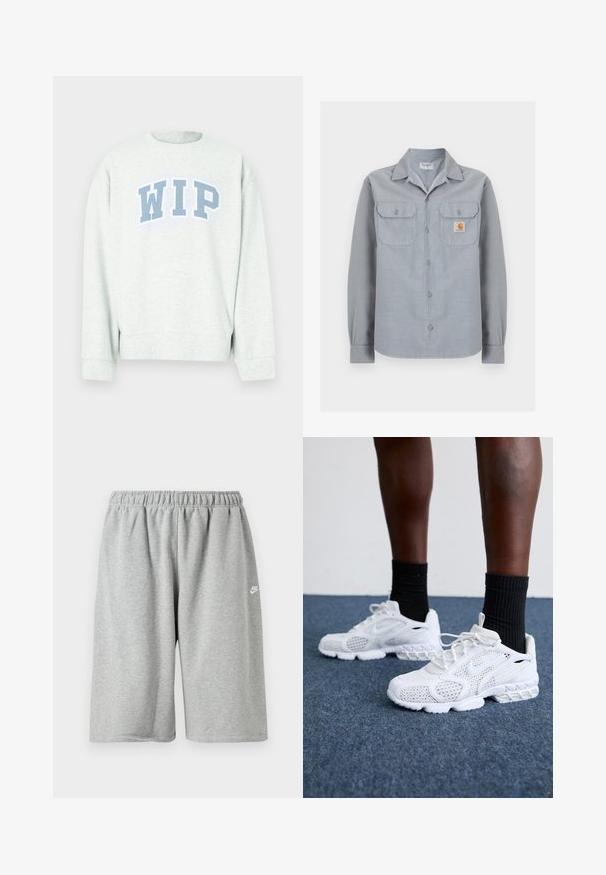 Sweat-shirt gris clair à col rond et manches longues, arborant un logo "WIP" bleu imprimé en arc de cercle sur la poitrine.; Chemise à manches longues gris clair avec deux poches poitrine, dont une avec un petit patch logo Carhartt sur le côté droit.; Shorts en coton gris avec une taille élastique, offrant une coupe ample et un petit logo blanc près de l'ourlet. Texture lisse, longueur au-dessus du genou.; Baskets de sport blanches avec dessus en maille, accents texturés et semelle rembourrée. Associées à des chaussettes côtelées noires sur une surface en moquette bleue.