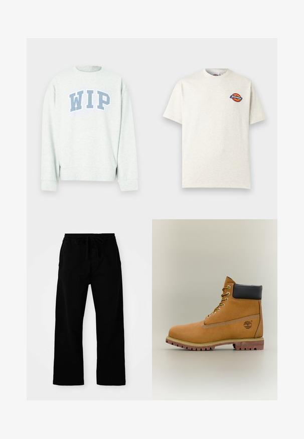 Hellgrauer Sweatshirt mit Rundhalsausschnitt und langen Ärmeln, mit einem blauen "WIP"-Logo im bogenförmigen Design auf der Brust.; Off-white kurzärmeliges T-Shirt mit einem kleinen runden Dickies-Logo in Rot, Gelb und Blau auf der linken Brust.; Schwarze, elastische Hosen mit verstellbarem Kordelzug, weitem Bein und glatter Baumwollstruktur. Keine sichtbaren Muster oder Hardware-Details.; Brauner Leder-Stiefelette mit schwarzem Kragen, gelben Schnürsenkeln und hellbrauner Sohle. Verfügt über ein Logo und weiße Ziernähe. Robuste Profilsohle.