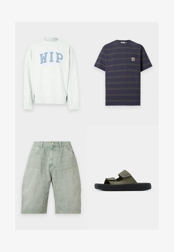 Lichtgrijze trui met ronde hals en lange mouwen, voorzien van een blauw "WIP"-logo in een gebogen ontwerp over de borst.; Navyblauw T-shirt met korte mouwen met dunne gele horizontale strepen en een klein borstzakje met een Carhartt-logo.; Lichtgroene knielange shorts met grote voorzakken, riemlussen en een knoopsluiting in de taille.; Groene rubberen sandalen met twee verstelbare banden en een gestructureerde zwarte zool met een profielpatroon. Merklogo zichtbaar op de band.