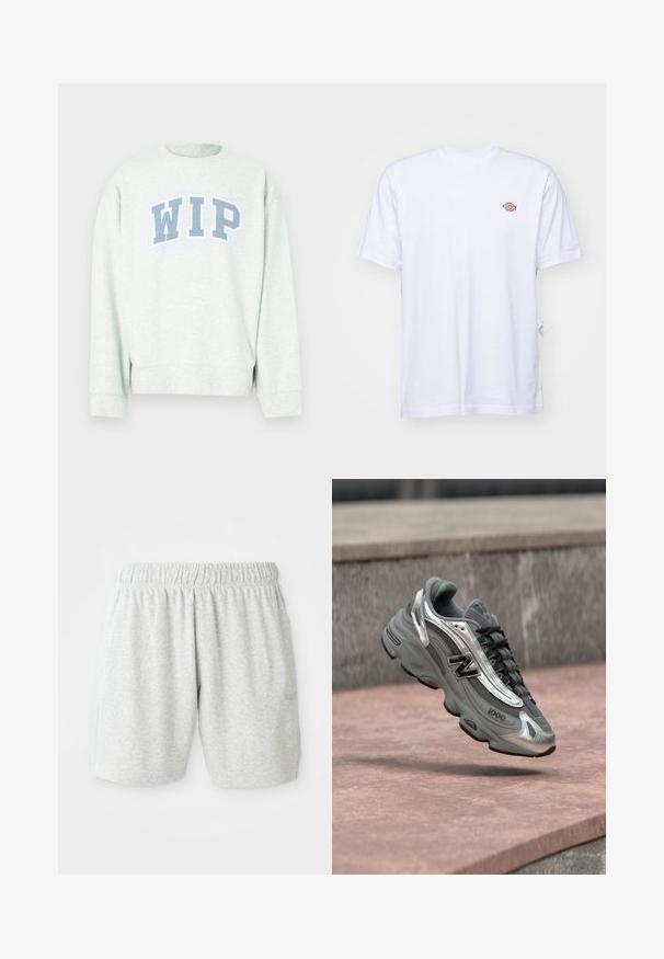 Hellgrauer Sweatshirt mit Rundhalsausschnitt und langen Ärmeln, mit einem blauen "WIP"-Logo im bogenförmigen Design auf der Brust.; Weißes Baumwoll-T-Shirt mit V-Ausschnitt und kurzen Ärmeln. Besitzt ein kleines, buntes, gesticktes Logo auf der linken Brustseite. Weiches Material.; Graue Baumwollshorts mit einem elastischen Bund, die über eine glatte Textur und seitliche Taschen verfügt. Dezentes Logo-Detail am Saum.; Grauer und silberner New Balance Sneaker mit der Aufschrift "1000", der über einer rosa-steinernen Oberfläche vor einem grauen Steinmauer-Hintergrund schwebt.