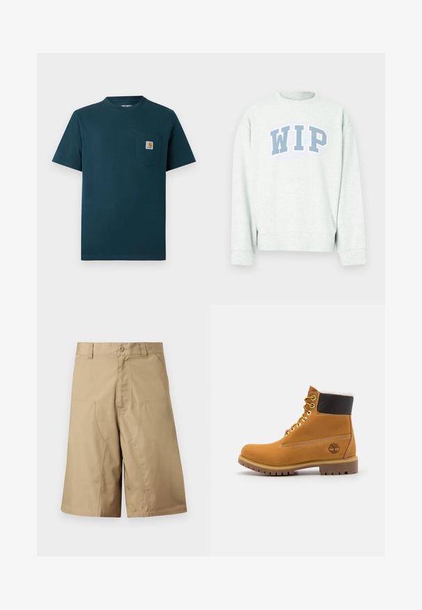 Lichtgrijze trui met ronde hals en lange mouwen, voorzien van een blauw "WIP"-logo in een gebogen ontwerp over de borst.; Donkerblauwe T-shirt met korte mouwen en ronde hals, voorzien van een borstzakje met een klein Carhartt-logo patch.; Khaki shorts met een rechte pasvorm, gemaakt van lichtgewicht stof, voorzien van twee zakken aan de voorkant en een knoopsluiting in de taille.; Bruine leren enkellaars met metalen oogjes, witte faux bont voering, zwarte gewatteerde kraag, robuuste zool en een reliëflogo aan de zijkant.