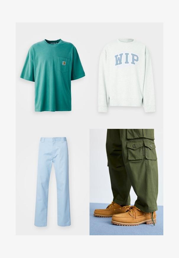 Hellgrauer Sweatshirt mit Rundhalsausschnitt und langen Ärmeln, mit einem blauen "WIP"-Logo im bogenförmigen Design auf der Brust.; Grünes Baumwoll-T-Shirt mit Rundhalsausschnitt, kurzen Ärmeln und einer vorderen Tasche mit Logopatch. Weicher Stoff und lockere Passform.; Helleblau geradlinige Hose aus Baumwollmischgewebe. Verfügt über einen flachen Bund, Seitentaschen und keine sichtbaren Muster oder Verzierungen.; Timberland AUTHENTIC 3 EYE - Bootsschuh - wheat