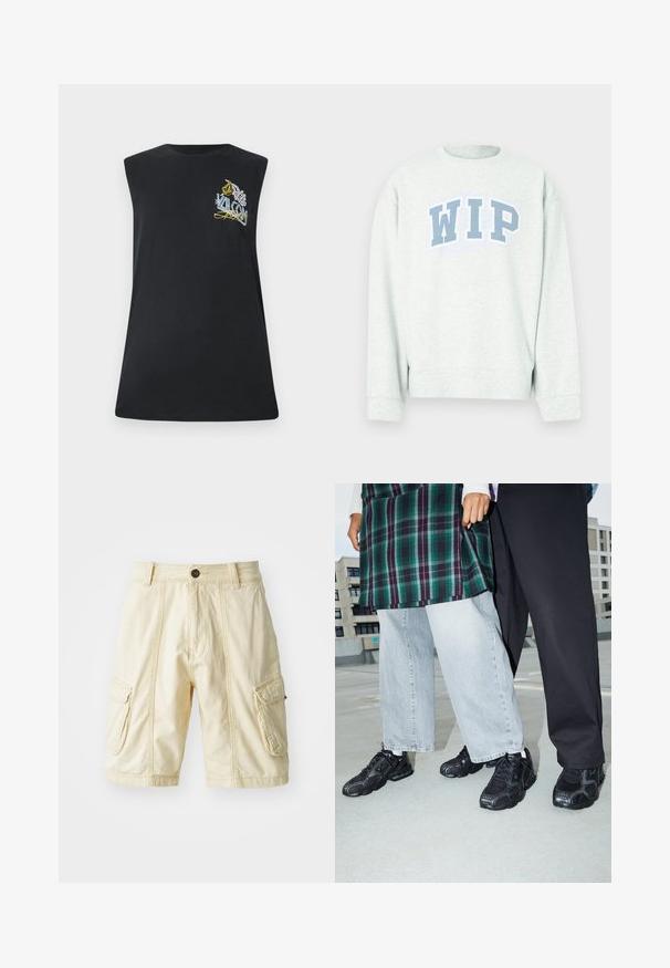 Lichtgrijze trui met ronde hals en lange mouwen, voorzien van een blauw "WIP"-logo in een gebogen ontwerp over de borst.; Zwarte mouwloze T-shirt gemaakt van katoen, met een kleurrijke geborduurde afbeelding op de borst. Rechte snit met een ronde halslijn.; Knielange cargoshorts van lichtbeige stof met een knoopsluiting, twee grote zijzakken en zichtbare stiksels.; Zwarte sportieve schoenen met mesh- en rubberaccenten. Draagt een lichtgrijze wijde spijkerbroek en een groen geruit shirt. Effen achtergrond.