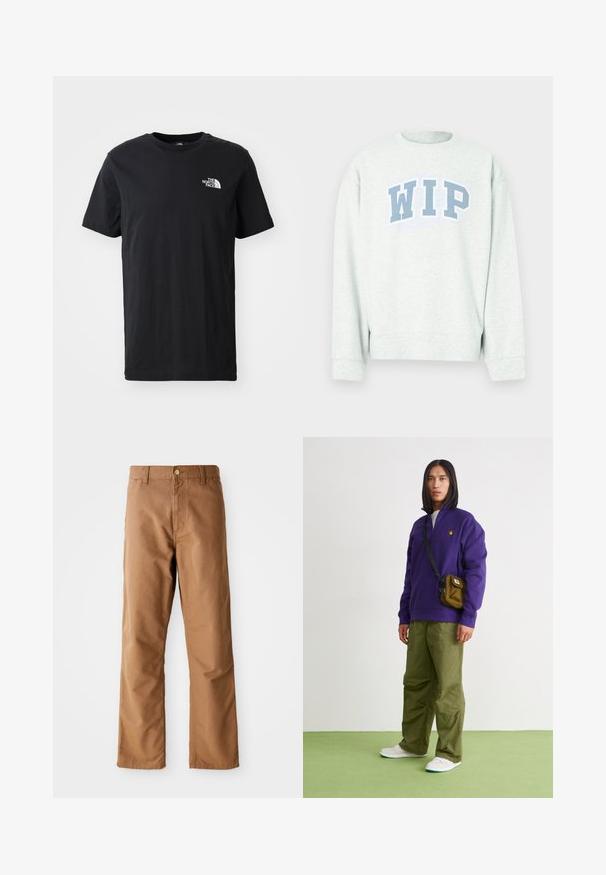 Hellgrauer Sweatshirt mit Rundhalsausschnitt und langen Ärmeln, mit einem blauen "WIP"-Logo im bogenförmigen Design auf der Brust.; Schwarzes Baumwoll-T-Shirt mit kurzen Ärmeln und Rundhalsausschnitt, mit einem kleinen weißen Logo auf der linken Brust. Weicher Stoff, lässige Passform.; Braune gerade geschnittene Hosen mit Gürtelschlaufen, Vordertaschen, Knopfverschluss und Reißverschluss vor einem weißen Hintergrund.; Jordan AIR JORDAN 1 ZM CMFT 2 - Sneaker high - summit white/bicoastal/oxidized green