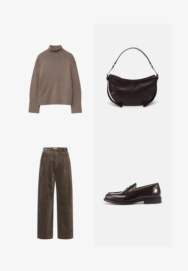 Brun strikket sweater med høj ribstrikket krave, sænkede skulderlinjer samt ribstrikkede manchetter og kant. Blød tekstur og firkantet facon.; Brune corduroy brede benbukser med folder, der har en blød tekstur og en mellemhøj talje. Kantafslutningerne er rene og lige.; Mørkebrune polerede læder herre penny loafer med lav hæl og syningsdetaljer på hvid baggrund.; Mørkebrun læder skuldertaske med en buet form, glat tekstur og en enkelt justerbar rem. Har lynlåslukning.
