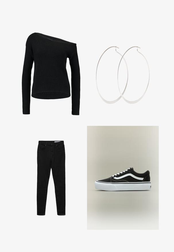 Sort striktrøje med asymmetrisk halsudskæring, lange ærmer og ribbet struktur med en afslappet pasform og kant.; Sorte denimjeans med en slank pasform, der har talje i midjehøjde, fem lommer, lukning med metalknap og diskrete syningsdetaljer.; Lavtop sort sneaker med hvid side stribe, hvide snørebånd, hvid gummisål og tekstureret tåhætte på neutral baggrund.; Sølv hoops øreringe med et tyndt, glat design; langstrakt oval form; poleret finish; har en sikker krog lukning.