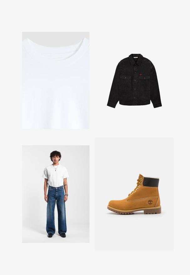 Weißes T-Shirt mit Rundhalsausschnitt, das die obere Brustpartie und den runden Halsausschnitt mit sichtbaren Nähten auf einfarbigem Hintergrund zeigt.; Schwarze Cord-Jacke mit Knopfleiste, zwei Brusttaschen und einem kleinen roten gestickten Logo auf der linken Tasche.; Weißes Baumwoll-T-Shirt, lockere Passform mit kurzen Ärmeln; kombiniert mit dunkelblauen weit geschnittenen Jeans; silberne Accessoires; einfarbiger Hintergrund.; Braune Leder-Ankle-Boots mit Metallösen, weißem Kunstfellfutter, schwarzem gepolstertem Kragen, robustem Sohlenprofil und geprägtem Logo an der Seite.