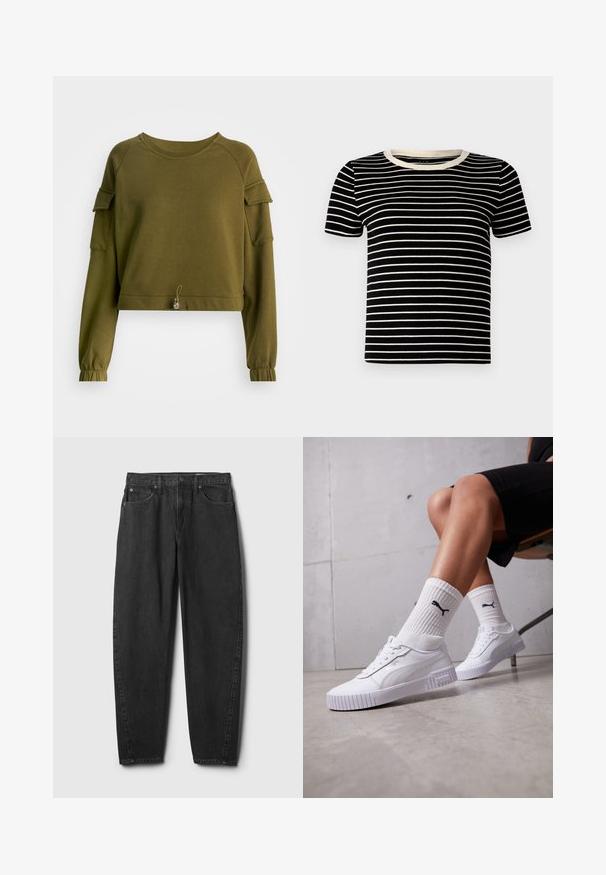 Olivgrüner, kurzer Pullover mit langen Ärmeln, Raglan-Design, gerafften Bündchen, Schulterakzenten und einem Kordelzugsaum mit dekorativem Perlenanhänger.; Schwarz- und cremegestreiftes T-Shirt mit kurzen Ärmeln, geripptem Material und rundem Ausschnitt. Die Streifen sind gleichmäßig verteilt und horizontal.; Schwarze Jeans aus Denim mit geradem Beinverlauf, ausgestattet mit fünf Taschen, einem Knopfverschluss und dezenten Ziernähten. Klassisches Design und Textur.; Weiße Sneaker mit einer glatten synthetischen Oberseite, strukturiertem Sohle und texturierten Akzenten. Getragen mit weißen gerippten Socken, die ein kleines Logo aufweisen.