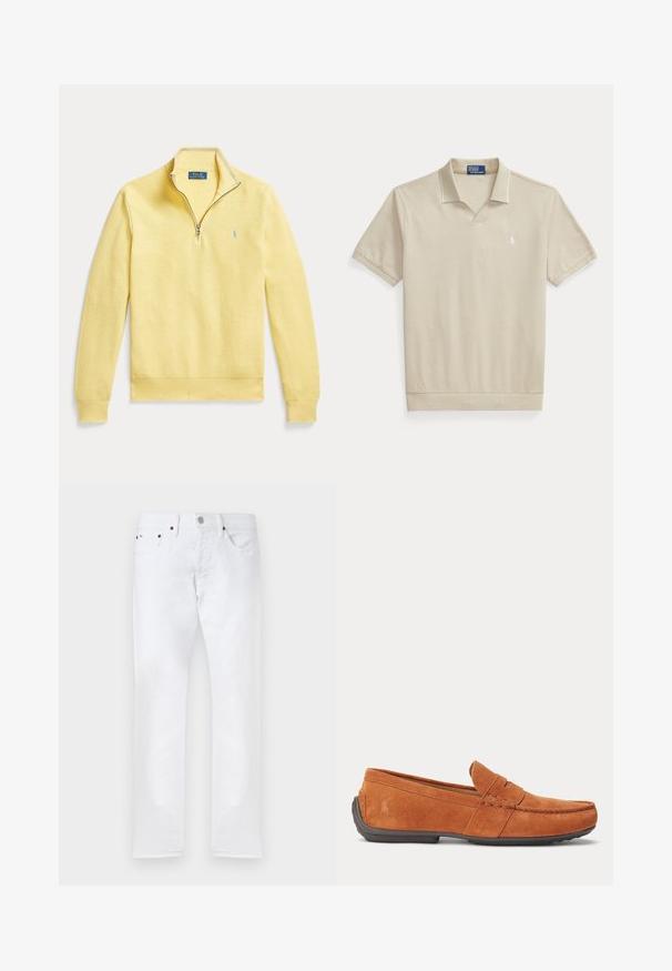 Lichtgele trui met lange mouwen en kwartrits, geribde boorden en kraag, polologo op de linkerborst, platliggend op een witte achtergrond.; Beige polo met korte mouwen, open kraag en klein wit geborduurd logo op de linkerborst.; Witte slim-fit jeans met vijf zakken, knoopsluiting en riemlussen, plat gelegd op een witte achtergrond.; Bruine suède herensloffen met stikseldetails, een gleuf voor munten op het bovenwerk en een donkere rubberen zool.