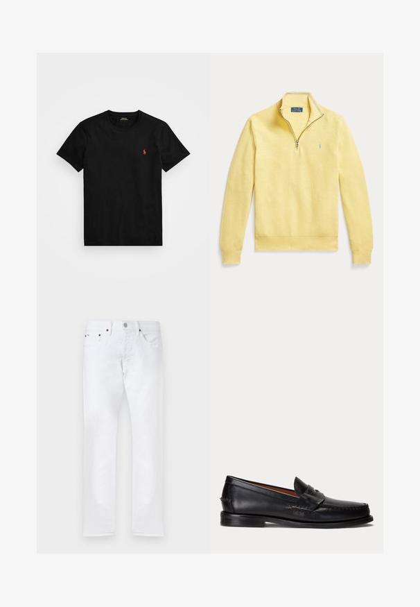Lysegul langærmet quarter-zip sweater med ribbede manchetter og krave, polo-logo på venstre bryst, lagt fladt på en hvid baggrund.; Sort bomulds T-shirt med rund hals, kortærmer og et lille rødt broderet logo på venstre bryst. Glat tekstur, klassisk pasform.; Hvide slim-fit jeans med fem lommer, knaplukning og bæltestropper, vist fladt på en hvid baggrund.; Sort læderloafer med lav hæl og pennyremdetalje, vist fra siden på en lysegrå baggrund.
