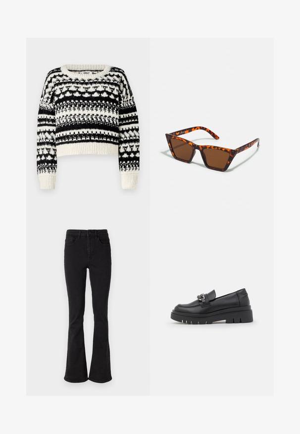 ONLY ONLALAIA LIFE O NECK - Striktrøje - birch/black; Sorte denim flare jeans med høj talje, der har fem lommer og en robust knaplukning. Glat tekstur med let stræk.; Sort loafersko med en kraftig platformsål, glat læderoverdel, dekorativ kædeaccent og let hæl med notched detalje.; Brune tonede solbriller med et skildpadde-mønster, vinklede stel og slanke arme. Letvægts plastmateriale.