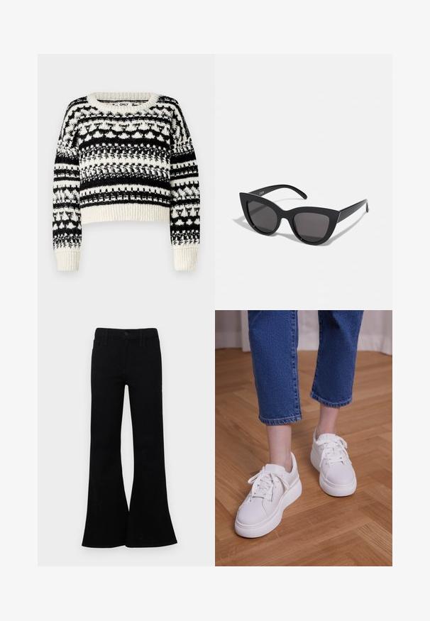 ONLY ONLALAIA LIFE O NECK - Svetrík - birch/black; Čierne rozšírené džínsy vyrobené z denimu, so zapínaním na gombík v páse, dizajnom s piatimi vreckami a hladkou textúrou. Výrazný rozšírený lem.; Nohy v modrých krátkych džínsach a bielych platformových teniskách so šnúrkami stojace na svetlej drevenej podlahe.; Čierne slnečné okuliare v štýle mačacích očí s matným povrchom, so šedými tónovanými sklami, ostrými hranami a elegantnými bokovými ramenami. Názov značky je viditeľný na vnútornom ramene.