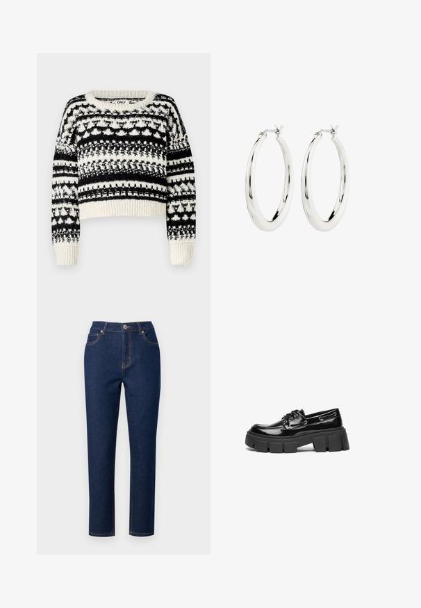 ONLY ONLALAIA LIFE O NECK - Svetrík - birch/black; Tmavomodré denimové džínsy s rovný fit, s predným zipsom, zapínaním na gombík a zvýrazneným šitím na vreckách a švoch.; Čierny lakovaný kožený loafer s robustnou čiernou platformou a dekoračnými očkami. Hladký povrch s okrúhlou špičkou a detaily šnurovania.; Strieborné kruhové náušnice s hladkým, lesklým povrchom. Obľúbený tvar, vybavené bezpečným zapínaním. Jednoduchý a elegantný dizajn.