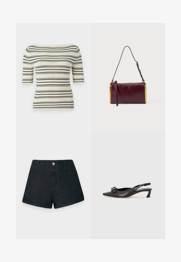 Haut en maille blanc cassé avec des rayures horizontales noires, des manches mi-longues aux coudes et un large décolleté bateau.; Shorts en denim foncé taille haute, fermeture à boutons sur le devant, avec surpiqûres orange contrastantes. Poches standard à l'avant et à l'arrière.; Chaussure slingback en cuir noir avec un bout pointu, un petit talon et un détail de boucle décoratif sur le dessus. Texture lisse, design minimaliste.; Sac d'épaule cylindrique en cuir bordeaux avec accents en métal doré et bandoulière noire réglable sur fond gris clair.