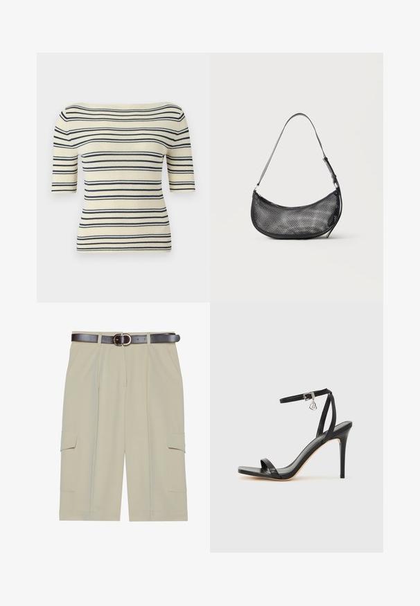 Haut en maille blanc cassé avec des rayures horizontales noires, des manches mi-longues aux coudes et un large décolleté bateau.; Shorts cargo beige avec une coupe décontractée, dotés de deux poches latérales et d'une ceinture marron avec une boucle ronde, texture de tissu lisse.; Sandale à talon haut noire avec une bride étroite à la cheville, bout carré, cuir lisse et accent de boucle métallique.; Petit sac d'épaule noir en mesh en forme de croissant avec une lanière fine réglable, sur un fond clair uni.