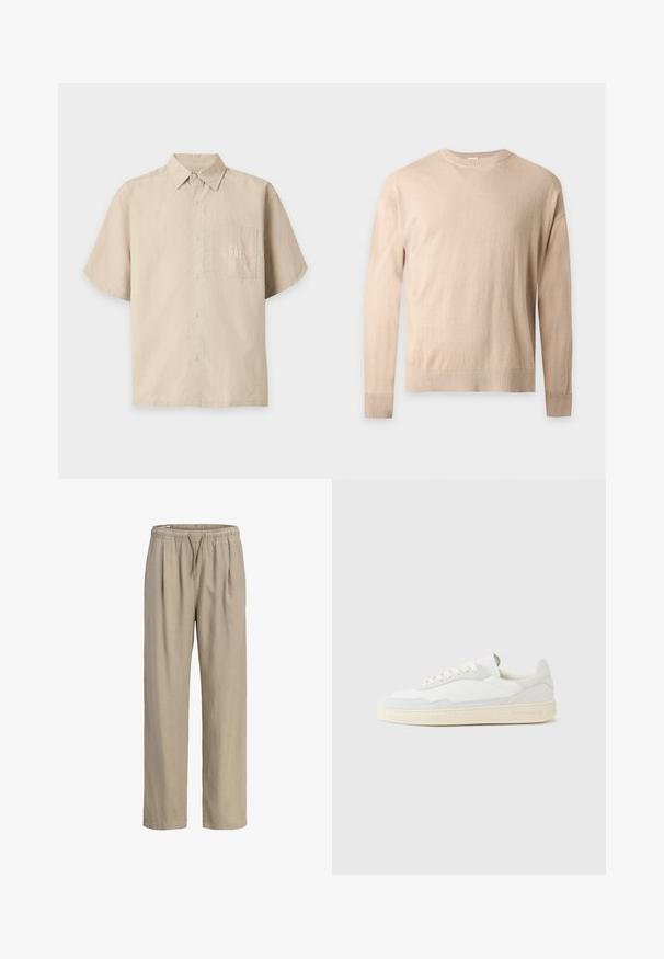 Jersey beige de manga larga con cuello redondo, puños y bajo acanalados, mostrado sobre un fondo claro y liso.; Camisa beige de manga corta con botones, cuello y bolsillo frontal con el logo bordado de GAP.; Pantalones beige de corte holgado con cintura elástica y cordón, piernas rectas y bolsillos laterales.; Zapatilla blanca con parte superior texturizada de ante y cuero. Presenta una puntera redondeada, cierre con cordones y suela de goma beige contrastante.