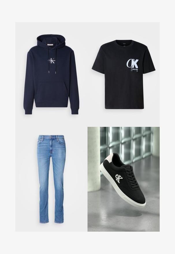 Sudadera azul marino con bolsillo frontal, capucha con cordón y logo blanco de Calvin Klein. Fabricada en tejido suave con puños y bajo de canalé.; Camiseta de algodón negra con mangas cortas, cuello redondo, que presenta un logo blanco "CK" en el lado izquierdo del pecho. Textura suave, dobladillo recto.; Vaqueros de mezclilla azul para hombre con corte recto, bolsillos delanteros y traseros, y una pequeña etiqueta de Calvin Klein cerca del bolsillo delantero derecho.; Zapatilla negra con suela blanca, detalles de ante, cordones y logotipo bordado 'CK' en el lateral. Textura suave con un diseño deportivo.