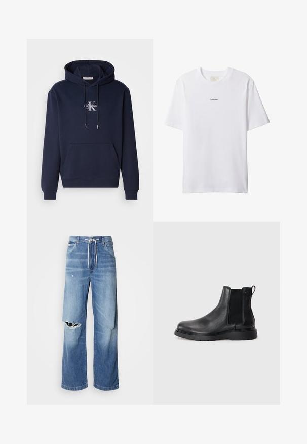 Námornícky modrá mikina s kapucňou, predným vreckom a bielym logom Calvin Klein. Vyrobená z mäkkej tkaniny s rebrovanými manžetami a spodným lemom.; Biele bavlnené tričko s okrúhlym výstrihom a krátkymi rukávmi. Na hrudi uprostred je malý čierny nápis "Calvin Klein".; Svetlomodré džíny s voľným strihom, so bielym šnúrkovým pásom a výraznými roztrhnutiami na prednej strane, ktoré odhaľujú rozstrapkané okraje.; Čierne kožené chelsea čižmy s textúrovaným povrchom, elastickými bočnými panelmi a pevným gumovým podpätkom. Diskrétny branding na päte.