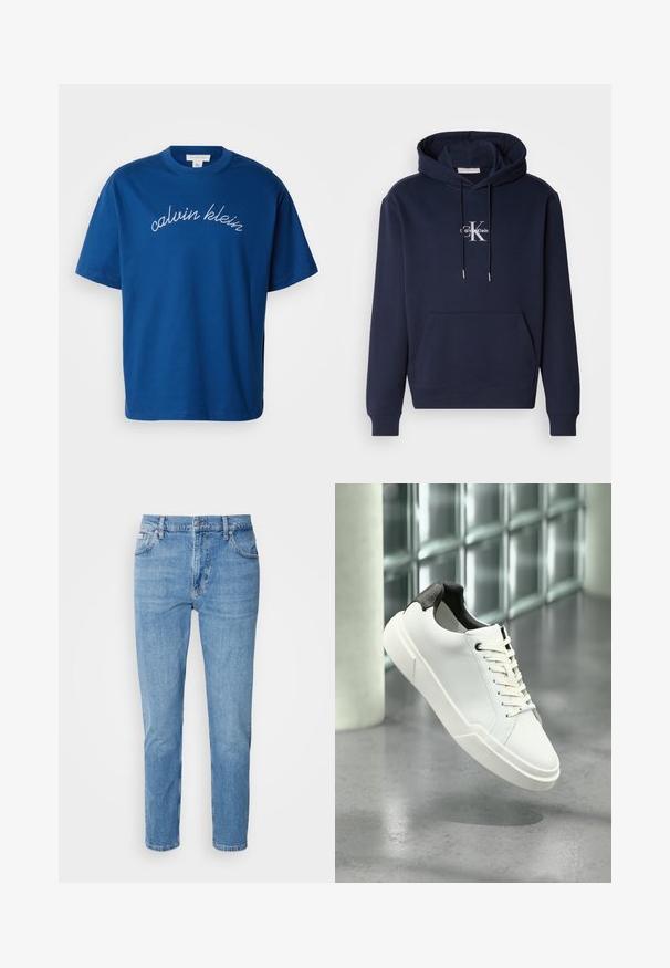 Donkerblauwe hoodie met een voorzak, een capuchon met trekkoord en een witte Calvin Klein-logo. Gemaakt van zachte stof met ribgebreide manchetten en onderkant.; Blauwe katoenen t-shirt met een ronde hals en korte mouwen, met "calvin klein" elegant in witte cursieve letters geborduurd over de borst.; Lichtblauwe denim jeans met een rechte pasvorm, vijf zakken en subtiele vervaging. Voorzien van een knoopsluiting en riemlussen.; Witte lage sneaker met zwarte, gestructureerde hielkap, witte veters en dikke zool op een gepolijste betonnen vloer nabij glazen blokken.