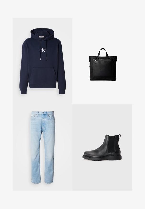 Mørkeblå hættetrøje med en frontlomme, snøre til hætten og hvidt Calvin Klein-logo. Lavet af blødt stof med ribbede manchetter og kant.; Lyseblå denimjeans med lige ben, har slidte sektioner, fem lomme-design og en klassisk knapåbning.; Sorte læder chelsea støvler med tekstureret finish, elastiske sidepaneler og en robust gummisål. Subtil branding på hælen.; Sort taske med dobbelte håndtag, stor læderlomme foran med lynlås og diskret Calvin Klein-logo midt på lommen.