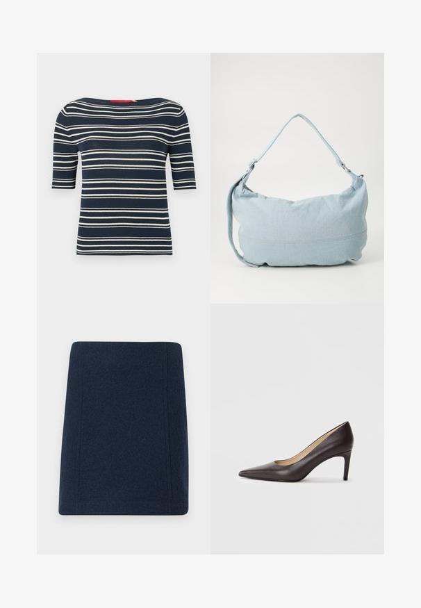 Top de punto de manga corta azul marino con rayas horizontales blancas y un amplio escote barco.; Minifalda de lana en navy con forma recta, costuras planas y una textura suave. Sin patrones ni adornos visibles.; Zapato de tacón alto de cuero marrón con punta puntiaguda, tacón delgado de 7 cm, textura suave y diseño minimalista. Sin adornos visibles.; Bolso de hombro de denim azul claro con forma redondeada, correa ajustable y un sutil detalle de costura en el borde inferior. Textura suave.