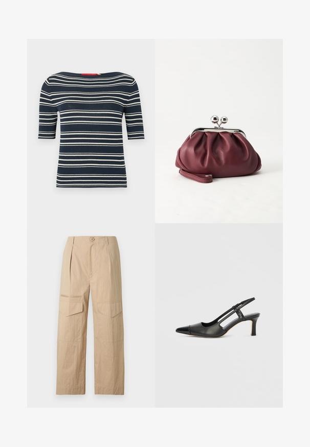 Haut en maille bleu marine à manches courtes avec des rayures horizontales blanches et un large col bateau.; Pantalon cargo beige à jambes larges avec fermeture frontale par boutons, passants pour ceinture et poches à rabat sur les cuisses.; Chaussure à bride arrière en cuir noir avec bout pointu, dotée d'un accent brillant sur le bout et d'un talon de hauteur moyenne. Design latéral ouvert.; Petit sac pochette en cuir bordeaux avec fermoir métallique argenté et bracelet sur fond blanc.