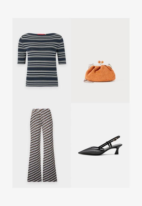 Haut en maille bleu marine à manches courtes avec des rayures horizontales blanches et un large col bateau.; Pantalon large à motifs marron, blanc et bleu avec un design ovale répété et une taille plate à l'avant sur un fond uni.; Chaussure slingback noire à bout pointu avec tige en mesh, fines brides, boucle dorée et petit talon incurvé sur fond blanc.; Petit sac pochette tissé orange avec cadre en métal argenté, fermoir rond et bandoulière chaîne argentée sur fond blanc.