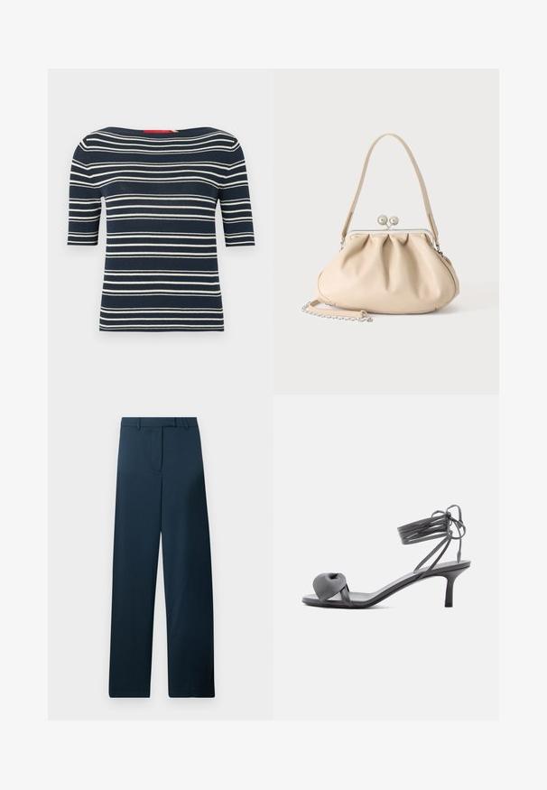 Top de punto de manga corta azul marino con rayas horizontales blancas y un amplio escote barco.; Pantalones de pierna ancha en azul marino con una textura suave, frente plano y trabillas para cinturón. Presentan un diseño minimalista y sin patrones o acentos visibles.; Sandalia de tacón de cuero gris con tira anudada en los dedos y cordones que se envuelven alrededor del tobillo, sobre un tacón delgado de altura media, sobre fondo blanco.; Bolso de mano de cuero suave beige con cierre de marco metálico plateado, una correa para el hombro y una correa de cadena opcional sobre un fondo blanco.