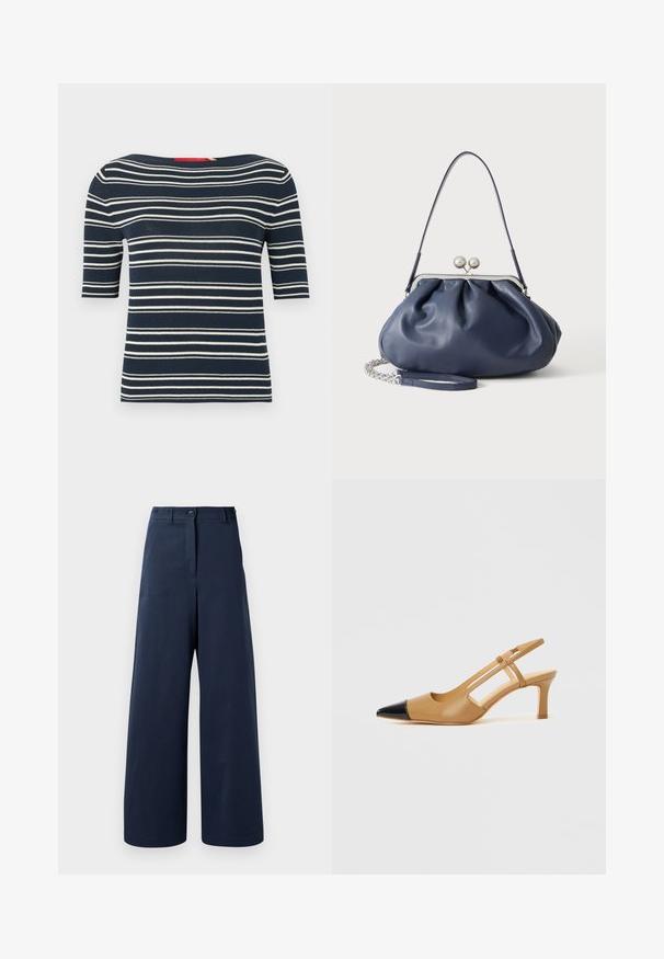 Haut en maille bleu marine à manches courtes avec des rayures horizontales blanches et un large col bateau.; Pantalons larges couleur marine en tissu lisse, avec une taille haute, deux boutons à l'avant, deux poches latérales et des ourlets droits.; Escarpins slingback couleur fauve avec embout pointu noir, côtés découpés et talon bloc de hauteur moyenne. Matière en cuir lisse.; Sac à main en cuir bleu marine doux avec fermeture à boucle argentée, une seule bandoulière, et une chaîne de poignet amovible sur fond blanc.