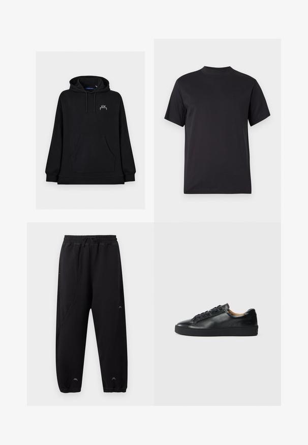 Sweat à capuche noir avec poche kangourou avant et petit logo blanc "A-CW" sur la poitrine gauche.; T-shirt noir à manches courtes avec un col rond haut et une coupe régulière, présenté sur un fond gris clair uni.; Pantalon de jogging noir avec taille et poignets élastiques, coupe slim, détails de couture discrets et petit logo blanc près des chevilles et de la cuisse.; Baskets en cuir noir avec une texture lisse, bout rond et fermeture à lacets. Comprend une semelle en caoutchouc épaisse et un minimum de détails de marque.