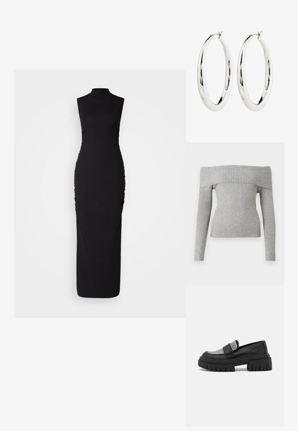 Grå ribbet sweater med off-the-shoulder design, lange ærmer og en tætsiddende silhuet. Fremstillet af struktureret strikstof.; Sort ærmeløs kjole med høj hals, lavet af strækbart stof. Har sideløsning for tekstur, tætsiddende silhuet og gulvlængde.; Sorte loafers med nitter på overdelen, der har en kraftig platform sål og ribbet tekstur. Glat lædermateriale og slip-on design.; Sølv hoops øreringe med en glat, reflekterende overflade. Rund, stor form med en sikker lås øverst. Den polerede finish fremhæver glansen.